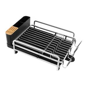 Dark gray Aluminum Expandable Dish Rack with Drainboard and Rotatable Drainage Spout