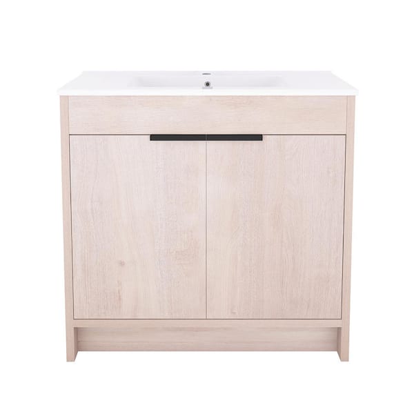 JimsMaison 36 in. W x 18 in. D x 34 in. H Freestanding Bath Vanity in Light Oak with White Ceramic Top