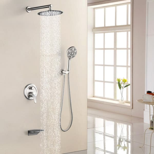 Single-Handle 1-Spray 10 in. Wall Mount Rainfall Dual Shower Heads with Spout in Brushed Nickel (Valve Included)