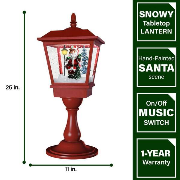Fraser Hill Farm 71 in. Double Musical Lamp Post with 2 Red Lanterns and Snow