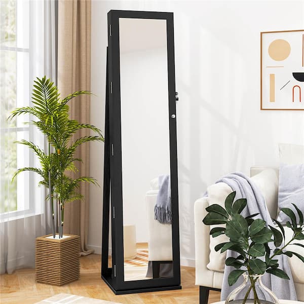 Costway Black 62 in. H Accent Storage Cabinet with 5-Shelves, Mirror, and Lockable Doors