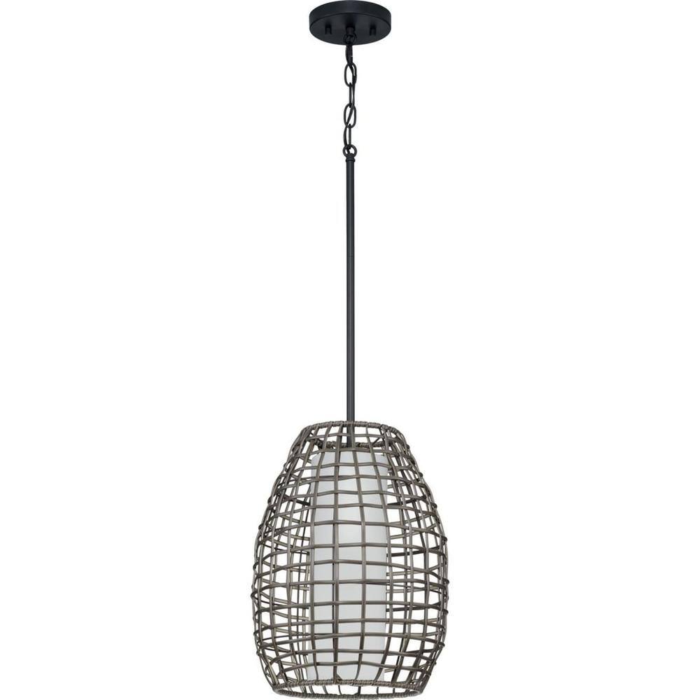 Pawley Matte Black Rattan Outdoor Pendant Light with Etched Glass