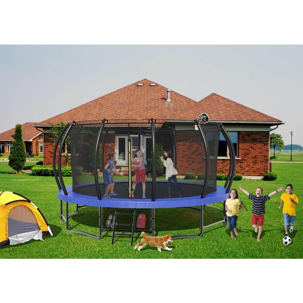 15FT Round Black and Blue Trampoline with Enclosure Net and Ladder
