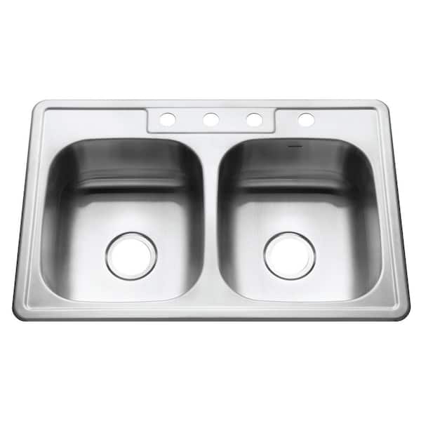 Houzer Glowtone 33 in. Stainless Steel Topmount 4-hole 50/50 Double Bowl 9 in. Deep Kitchen Sink - 3322-9BS4-1