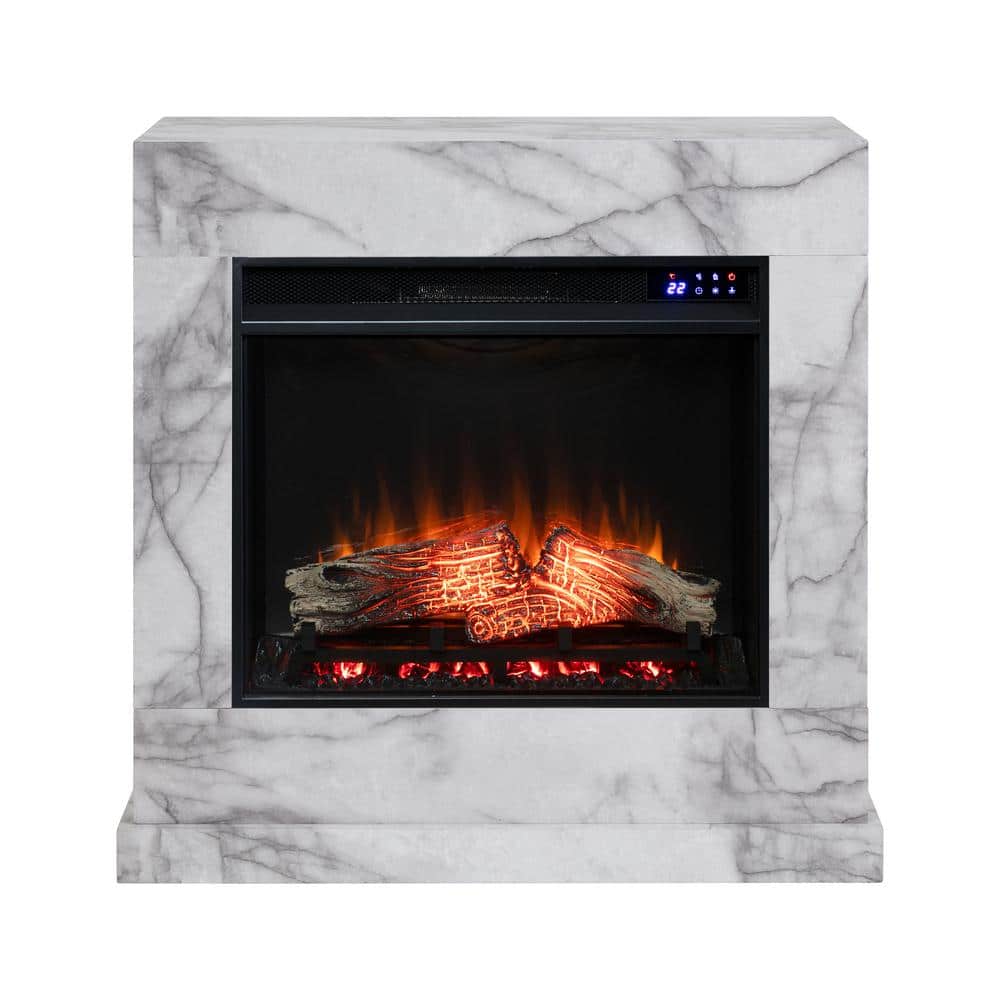 Southern Enterprises Barsdale 33.25 in. Faux Marble Electric Fireplace in White, White faux marble finish w/ gray veining -  HD212814
