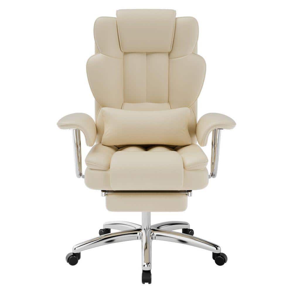Leather Swivel Ergonomic Executive Office Chair High Back Reclining Computer Chair with Lumbar Pillow Footrest in Beige - Thumbnail 3