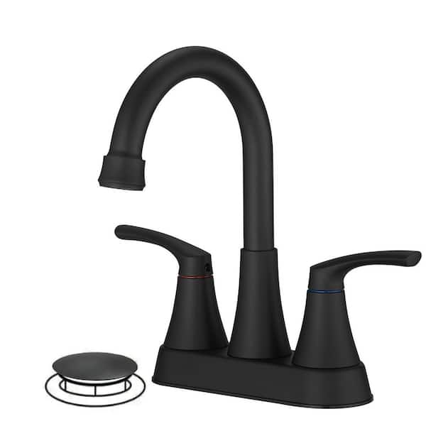 Easy Install 4 in. Centerset Double Handle Spot Resistant Bathroom Faucet with Drain Kit in Matte Black