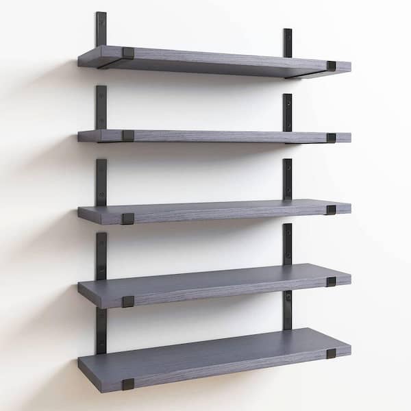 0.6 in. H x 15.8 in. W 5-Bottle Grey Rustic Wood Floating Shelves Set for Kitchen Storage