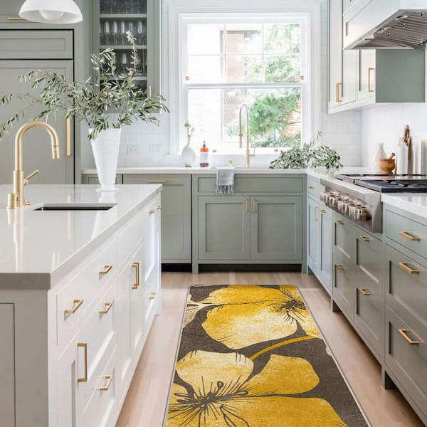 Yellow/Brown 2 ft. x 7 ft. Non-Skid Floral Area Rug