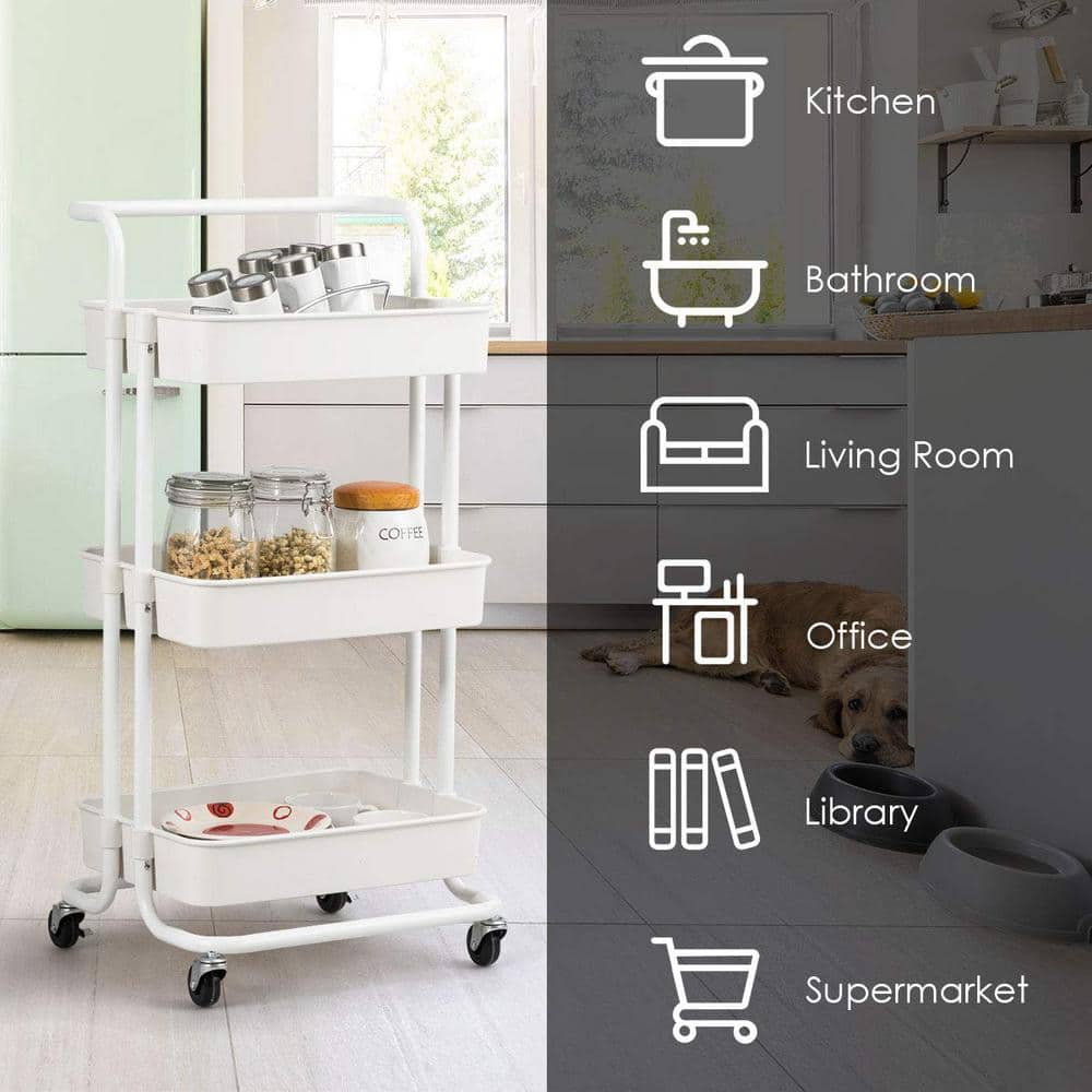 White 3-Tier Metal and ABS Rolling Utility Cart