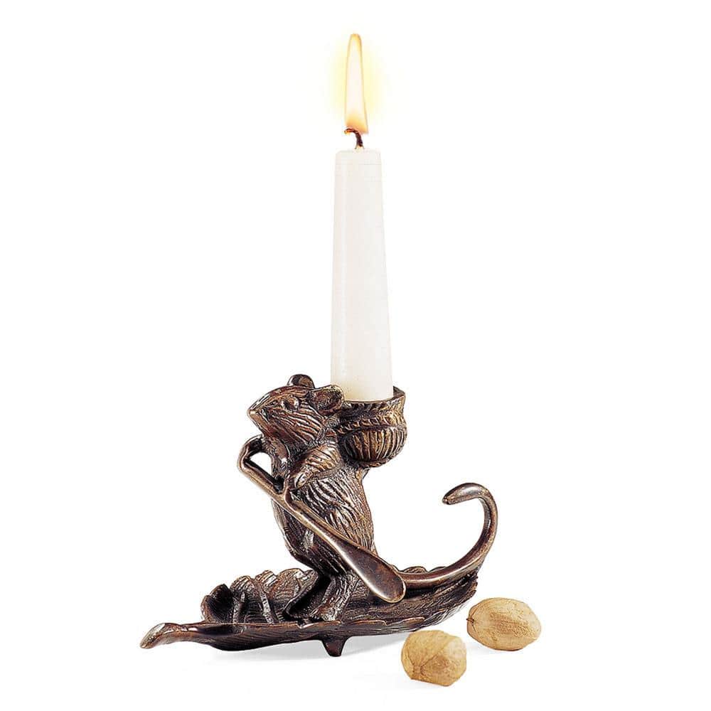 Antique Brass Mouse on Leaf Candle Holder