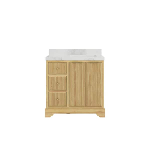 Willow Collections Austin Teak 36 in. W x 22 in. D x 36 in. H Right Offset Sink Bath Vanity in Light Teak with 2 in. Calacatta Nuvo Top