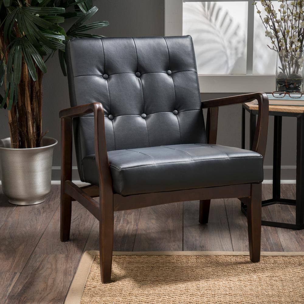 Black Faux Leather and Birch Wood Mid Century Modern Accent Chair