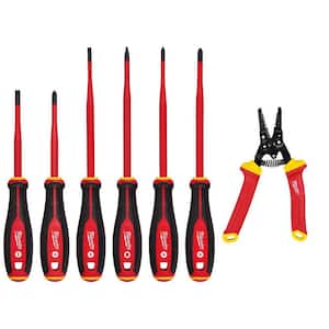 1000-Volt Insulated Slim Tip Screwdriver Set with 1000-Volt Insulated 10-20 AWG Wire Stripper and Cutter (7-Piece)