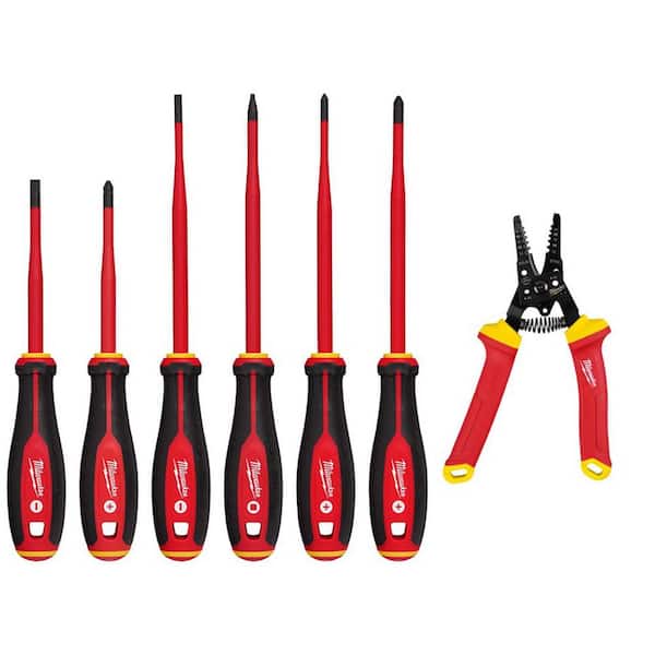 Milwaukee 1000-Volt Insulated Slim Tip Screwdriver Set with 1000-Volt Insulated 10-20 AWG Wire Stripper and Cutter (7-Piece)