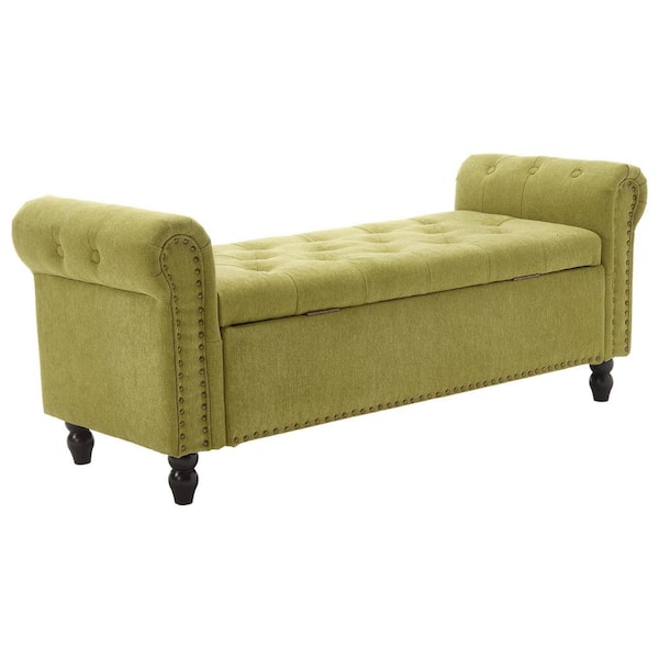 Olive Green Linen 55.12 in. W Bedroom Bench with Storage