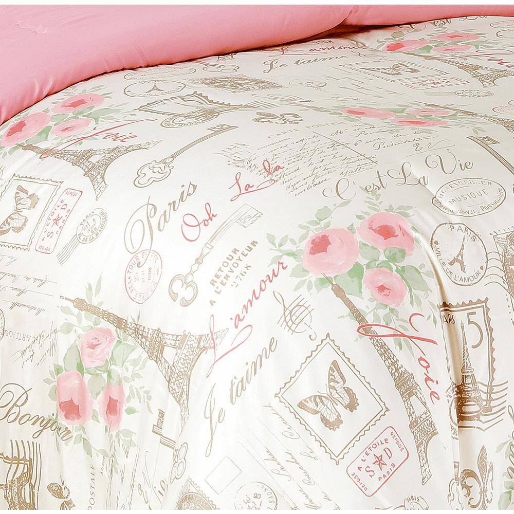 Full Pink Microfiber Reversible Parisian Comforter Set