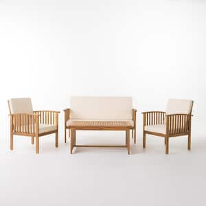 4-Piece Natural Acacia Solid Wood Patio Conversation Set with Beige Cushions and Coffee Table