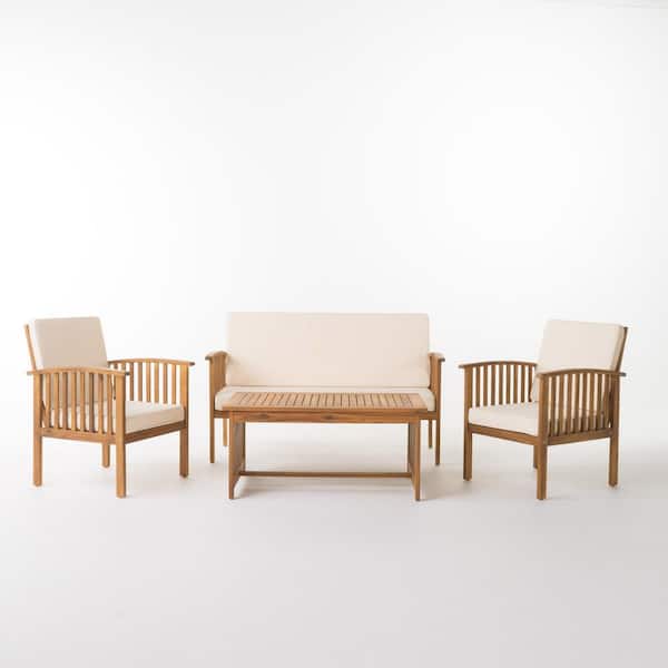 Unbranded 4-Piece Natural Acacia Solid Wood Patio Conversation Set with Beige Cushions and Coffee Table