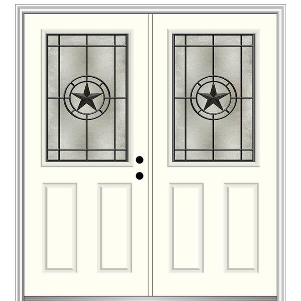 MMI Door Elegant Star 64 in. x 80 in. Left-Hand/Inswing 1/2 Lite Decorative Glass Alabaster Painted Fiberglass Prehung Front Door