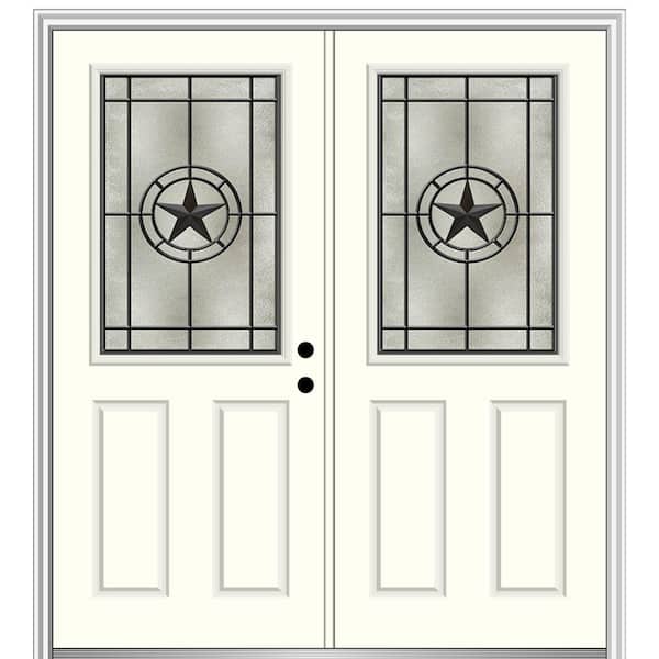 MMI Door Elegant Star 68 in. x 80 in. Left-Hand/Inswing 1/2 Lite Decorative Glass Alabaster Painted Fiberglass Prehung Front Door