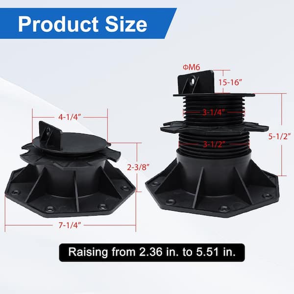 Deck Support Plastic Adjustable Pedestal Raising from 2.36 in. to 5.51 in. Black Composite Grating Support, 10-Pack