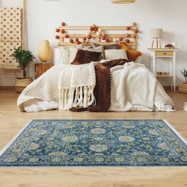 Ottomanson Non-Shedding Washable Wrinkle-Free Cotton Flatweave Floral 4x6  Indoor Living Room Area Rug 4 ft. x 6 ft., Blue LSB7026-4X6 - The Home Depot