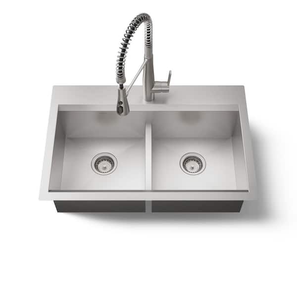 Lassen 33 in. Drop-in Double Bowl Stainless Steel Kitchen Sink with Faucet