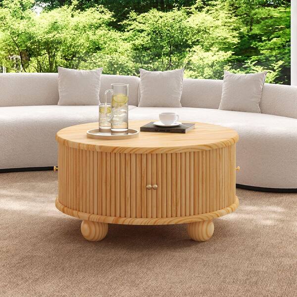 Seafuloy 31.8 in. Natural Round Pine Solid Wood Fluted Coffee