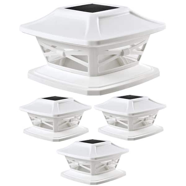 Solar Outdoor Post Cap Bright LED Lights Includes Bases for 4x4 5x5 6x6 Wooden Posts, Pearl White (4-Pack)