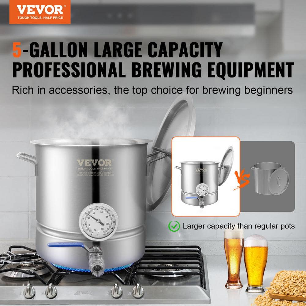 VEVOR 5-Gallon Stainless Steel Induction Brewing Kettle with Thermometer