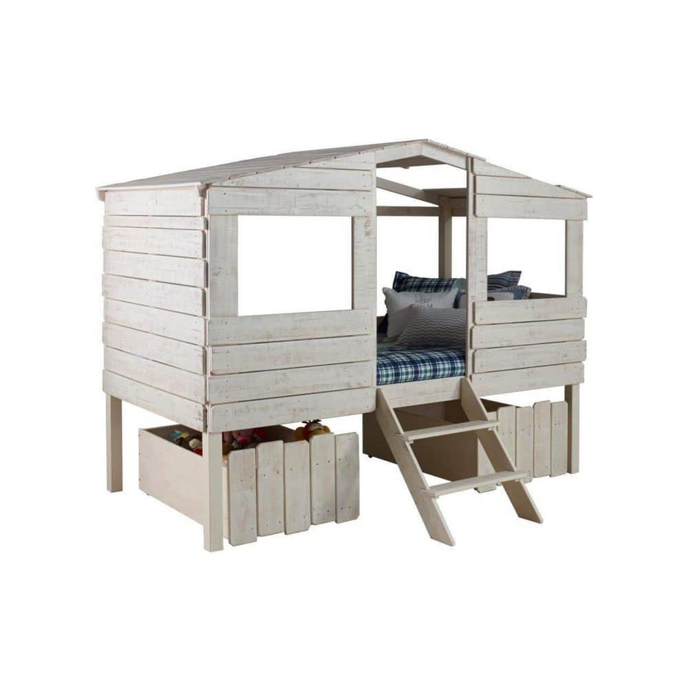 Rustic Sand Twin Pine Loft Bed with Storage Drawers
