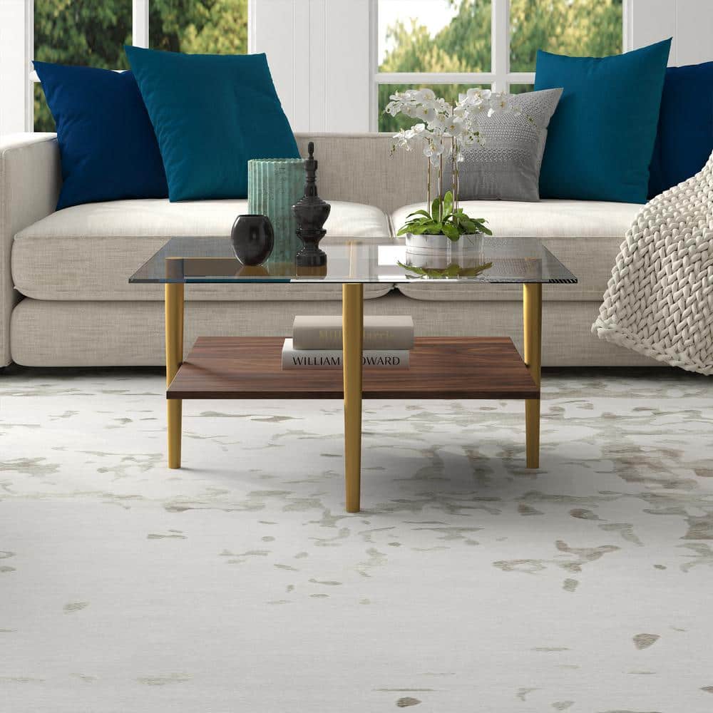 Mid-Century Modern Brass & Walnut Coffee Table with Glass Top