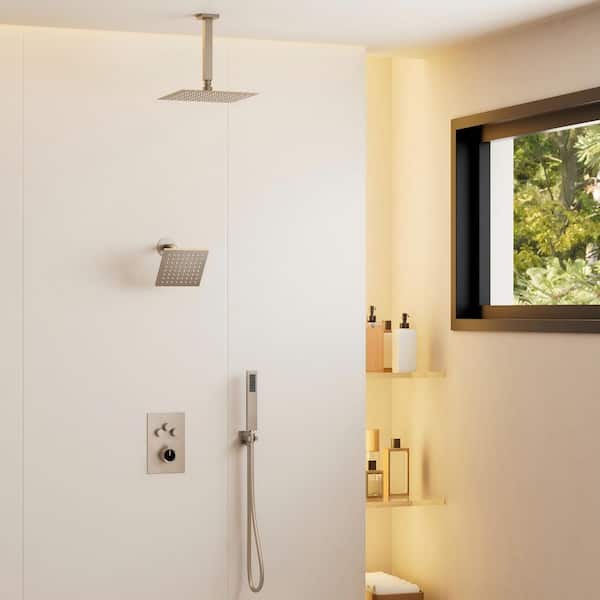 Crozet Thermostatic 7-Spray Ceiling Mount Dual Fixed and Handheld Shower Head Shower Faucet 2.5 GPM in Brushed Nickel
