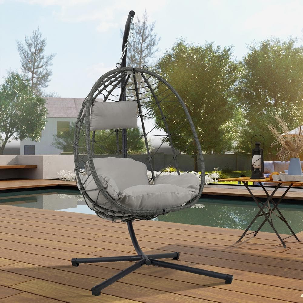 Freestanding 38.6 in. 1-Person Black Wicker Patio Swing Egg Chair with Stand Light Grey Cushion -  Runesay, CS430Z02