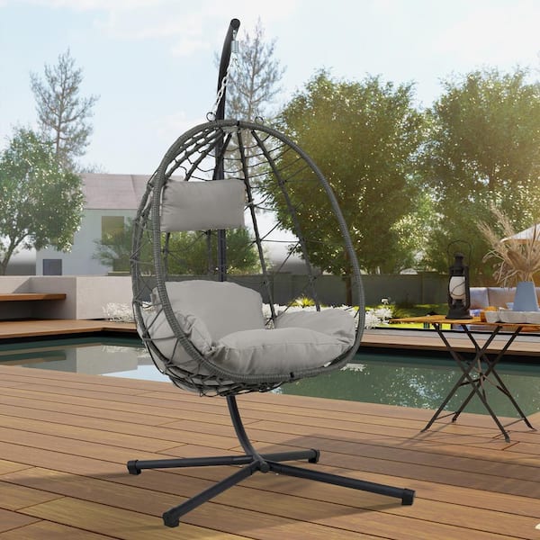 Runesay Freestanding 38.6 in. 1-Person Black Wicker Patio Swing Egg Chair with Stand Light Grey Cushion