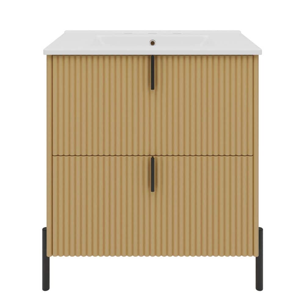 30 in. W x 18 in. D x 34 in. H Fluted Natural Bath Vanity with White Ceramic Top, Full-Extension Drawers, Soft Close price history on PriceWatchPro