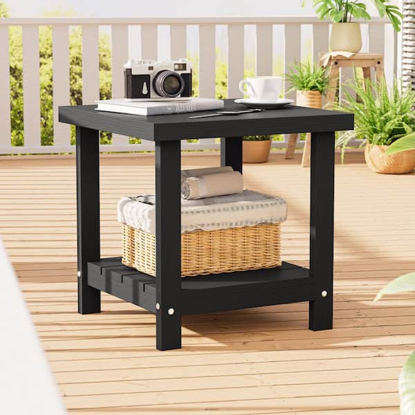 Black Rectangular HDPE Outdoor Side Table, 2-Tier Weather-Resistant Small Patio Table