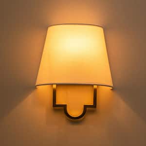9 in. 1-Light Gold Hardwired and Plug-in Dimmable Wall Sconce with Fabric Shade and 8 ft. Cord