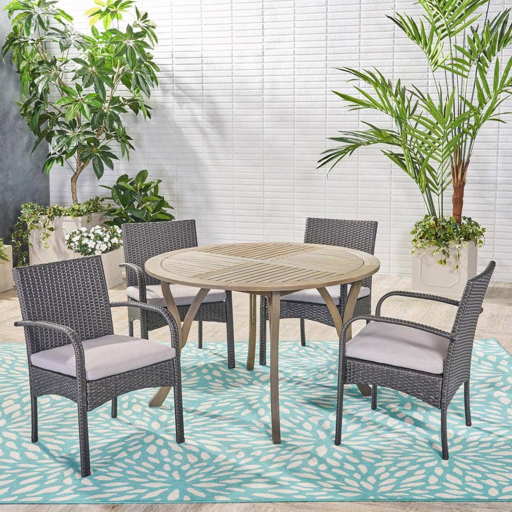 Gray Iron and Wicker 5-Piece Outdoor Dining Set with Cushions