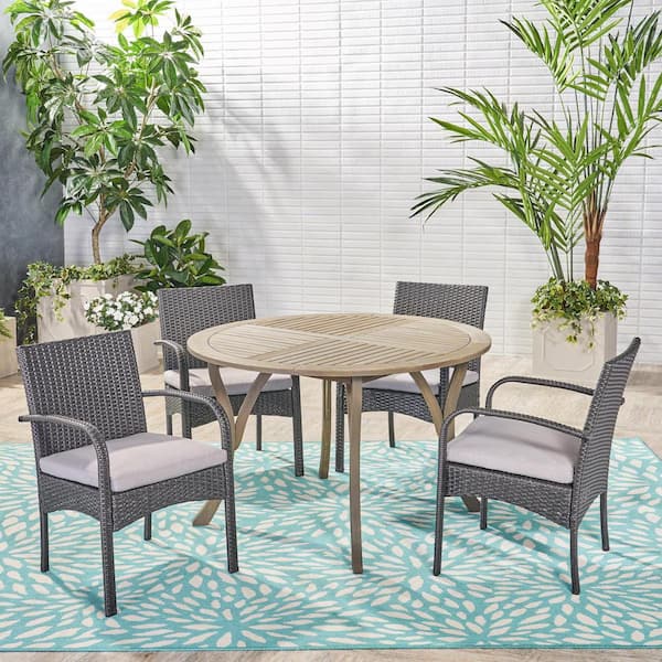 Noble House Chilton Gray 5-Piece Wood and Faux Rattan Outdoor Dining Set with Gray Cushions