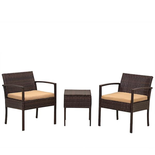 Zeus & Ruta Brown 3-Piece PE Rattan Wicker Patio Conversation Sectional Seating Set with Yellow Cushions, Patio Sectional Sofa Couch