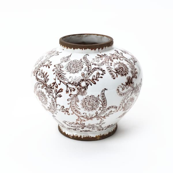 7.28 in H Brown Floral Wide-Mouth Waterproof Ceramic Vase, 8.66" Round Indoor Home Decor