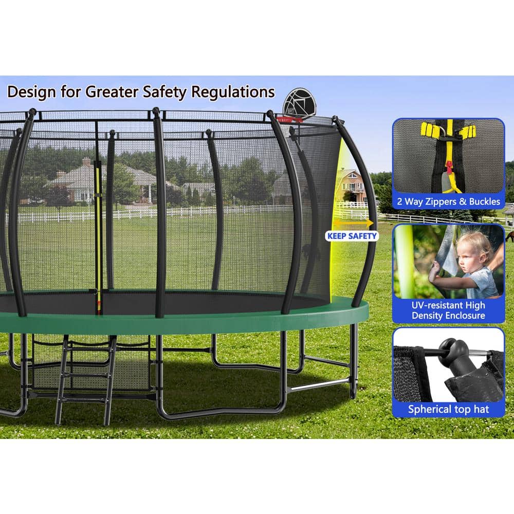 15FT Black and Green Round Trampoline with Enclosure Net and Ladder