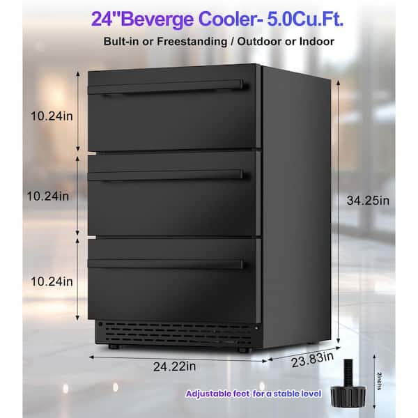 Built-In/Freestanding Outdoor 3-Drawer 24 in. Single Zone 108-Cans Beverage Cooler In Black with Advanced Compressor