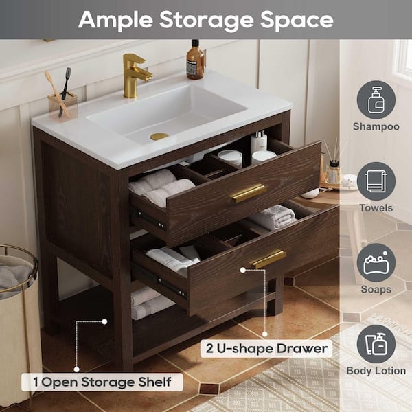 Magen 31 in. Single Sink Bath Vanity in Walnut with White Engineered Solid Surface Top and 2 Drawers (Unassembled)