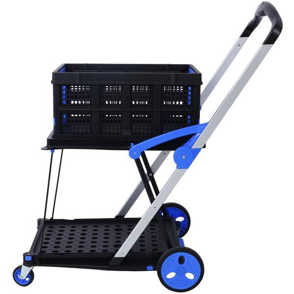 Unbranded Large Blue Aluminium Fold-up Rolling Serving Cart with Basket  Multi Use Functional 2-Tier Collapsible Utility Cart WZT-W465P145345