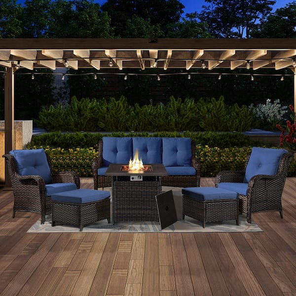 Opohoro ArcoBay 6-Piece Brown Frame Wicker Patio Square Fire Pit Conversation Set with Navy Blue Cushions and Ottomans