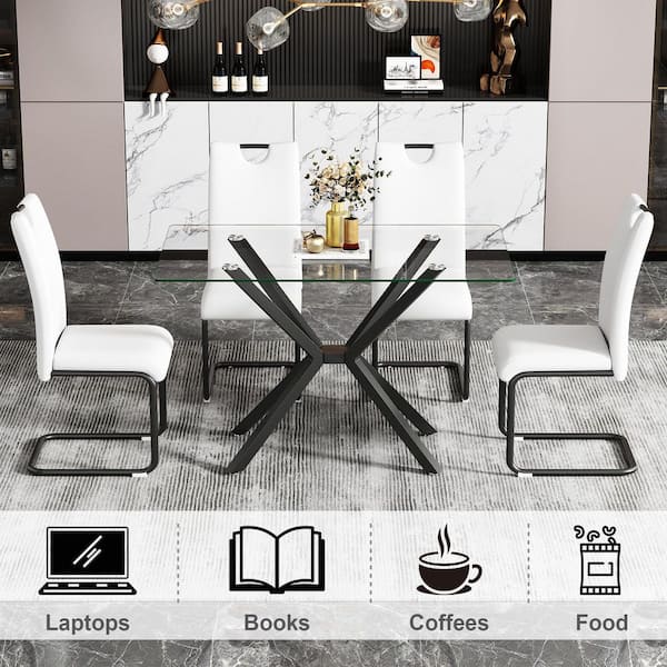 47.24 in. Rectangular Clear Tempered Glass Table with Adjustable Black Metal Cross Legs Dining Table, Seats 4-6 people