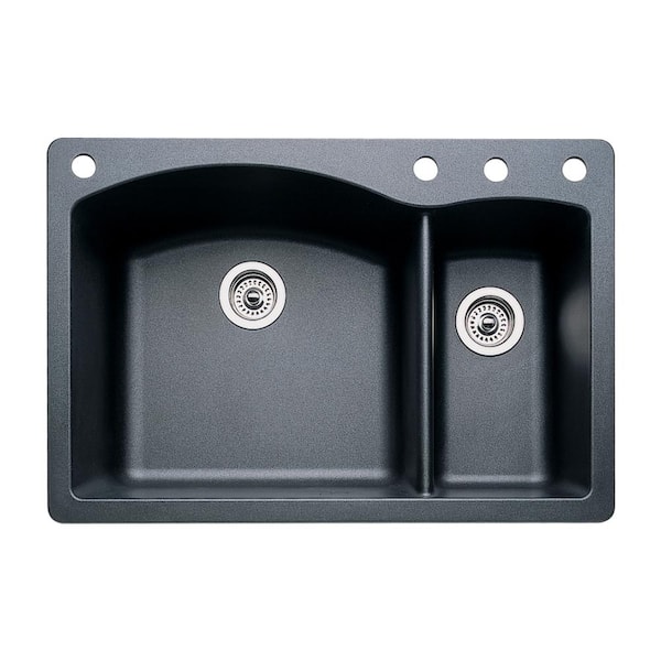 Blanco Diamond Dual-Mount Granite 33 in. 4-Hole 70/30 Double Bowl Kitchen Sink in Anthracite